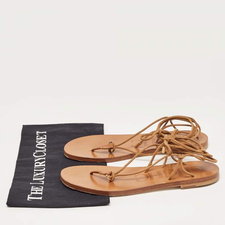 Pre Owned CH Carolina Herrera Brown Suede Lace Up Thong Flat Sandals Size 38