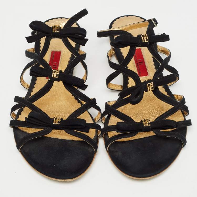 Pre Owned CH Carolina Herrera Black Suede Slingback Flat Sandals Size 38