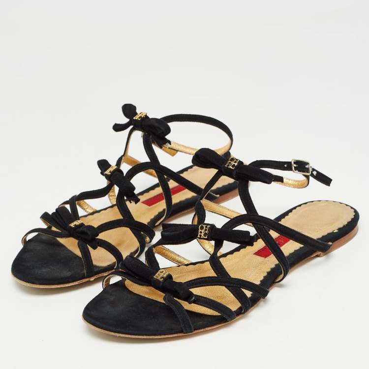 Pre Owned CH Carolina Herrera Black Suede Slingback Flat Sandals Size 38