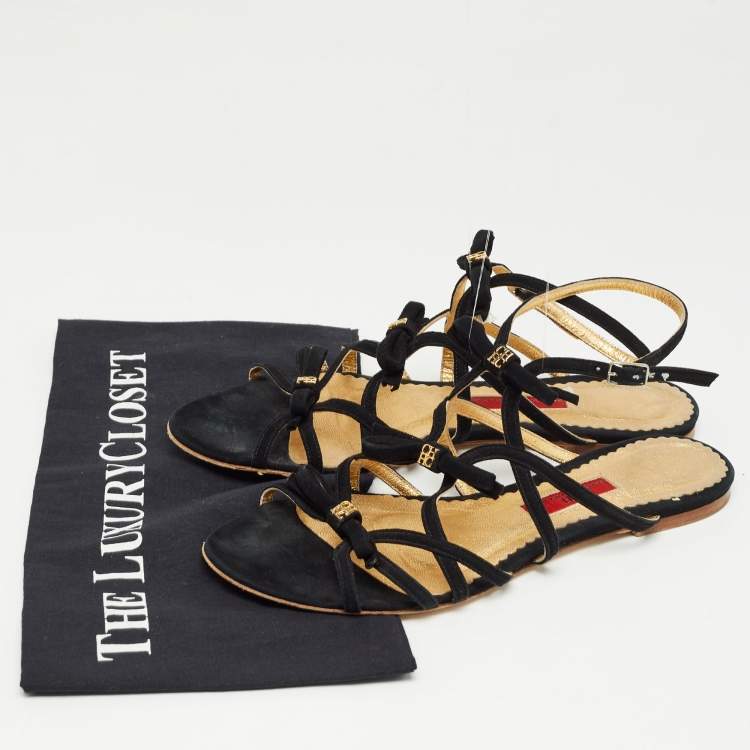 Pre Owned CH Carolina Herrera Black Suede Slingback Flat Sandals Size 38