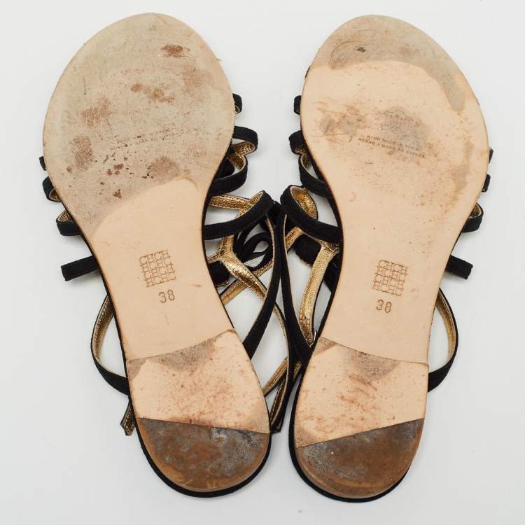 Pre Owned CH Carolina Herrera Black Suede Slingback Flat Sandals Size 38