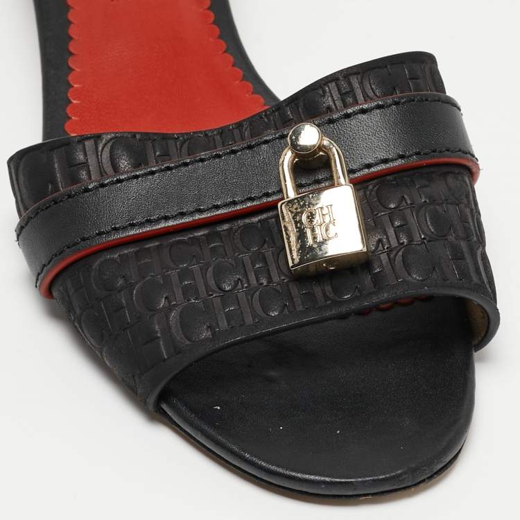 Pre Owned CH Carolina Herrera Black Leather Slide Sandals Size 36
