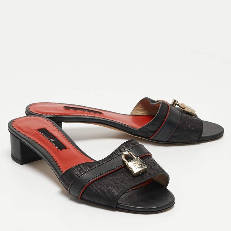 Pre Owned CH Carolina Herrera Black Leather Slide Sandals Size 36