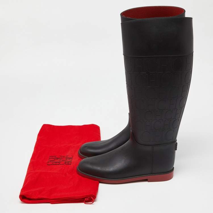 Pre Owned CH Carolina Herrera Black Embossed Rubber Rain Boots Size 38