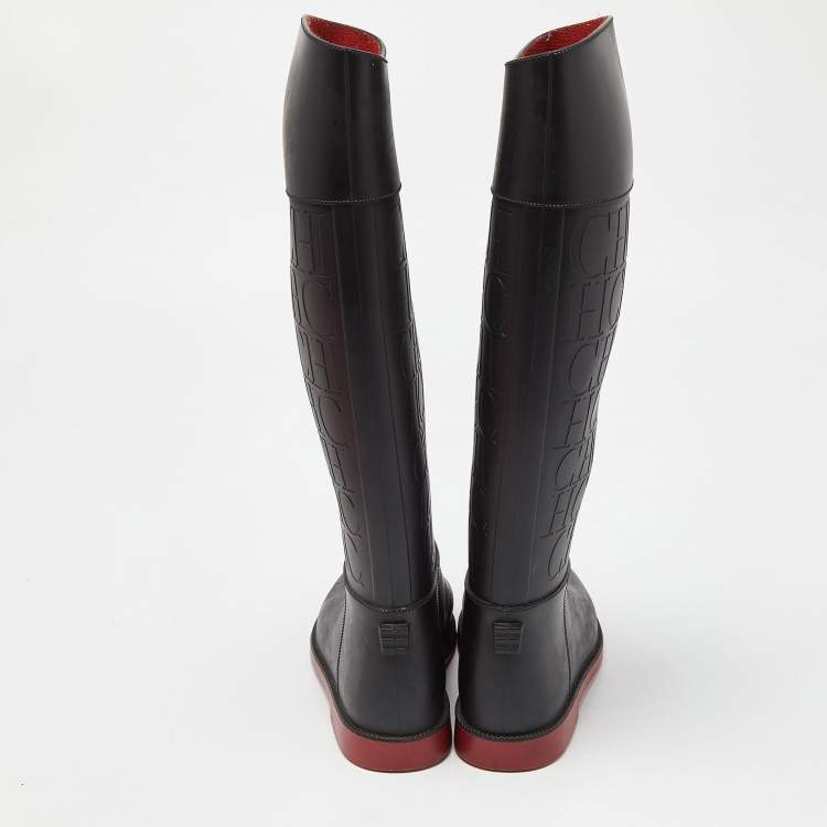 Pre Owned CH Carolina Herrera Black Embossed Rubber Rain Boots Size 38