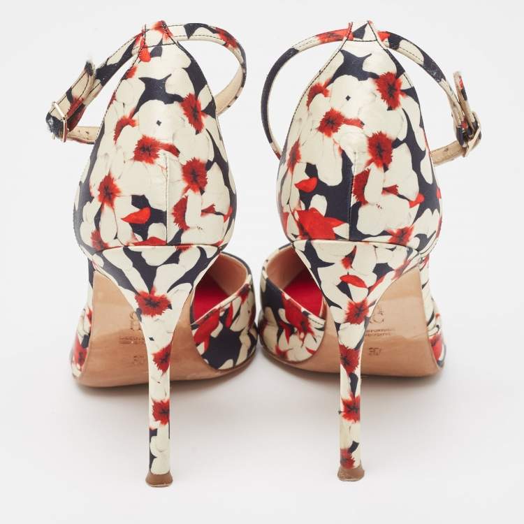 Pre Owned CH Carolina Herrera Tricolor Floral Print Satin Ankle Strap Pumps Size 37
