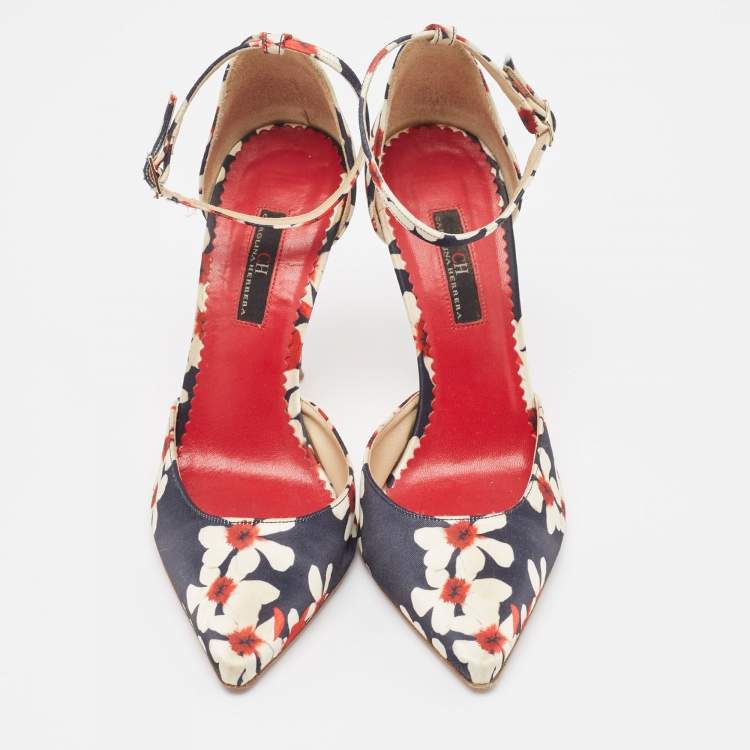 Pre Owned CH Carolina Herrera Tricolor Floral Print Satin Ankle Strap Pumps Size 37