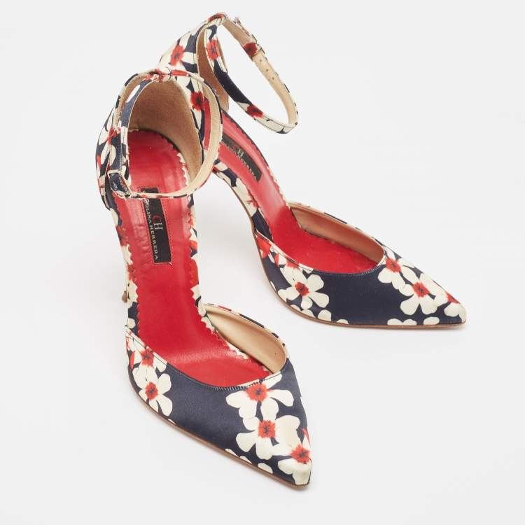 Pre Owned CH Carolina Herrera Tricolor Floral Print Satin Ankle Strap Pumps Size 37
