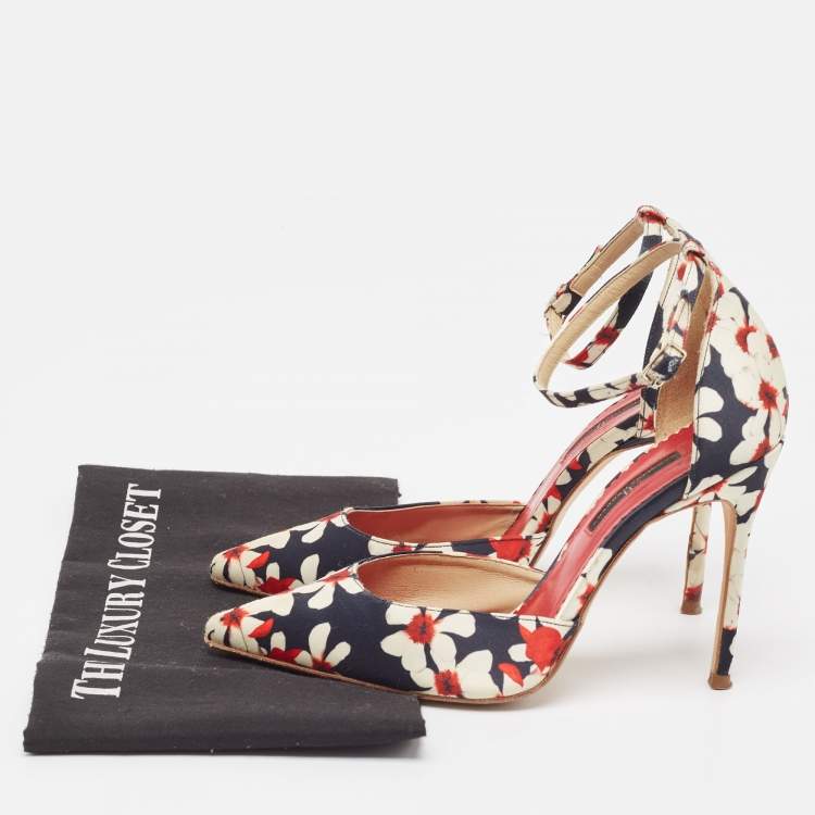 Pre Owned CH Carolina Herrera Tricolor Floral Print Satin Ankle Strap Pumps Size 37