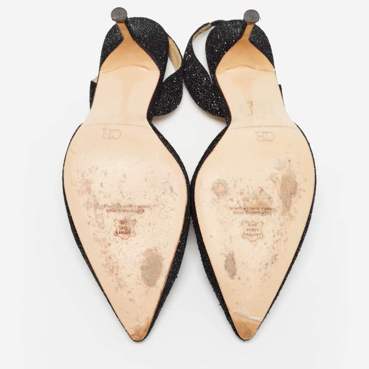 Pre Owned CH Carolina Herrera Black Glitter Suede Slingback Pumps Size 39