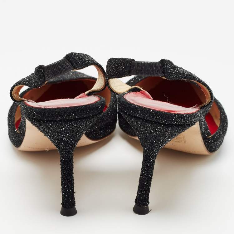 Pre Owned CH Carolina Herrera Black Glitter Suede Slingback Pumps Size 39