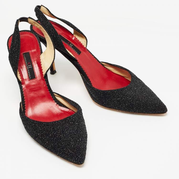 Pre Owned CH Carolina Herrera Black Glitter Suede Slingback Pumps Size 39