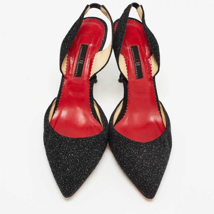Pre Owned CH Carolina Herrera Black Glitter Suede Slingback Pumps Size 39