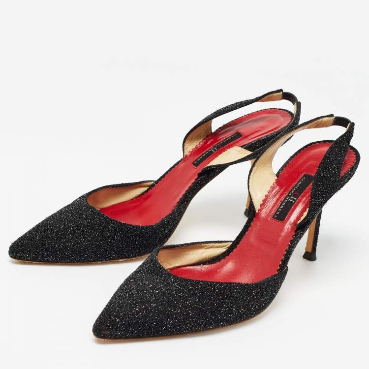 Pre Owned CH Carolina Herrera Black Glitter Suede Slingback Pumps Size 39