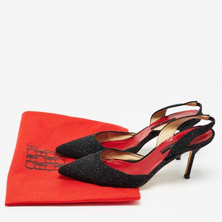 Pre Owned CH Carolina Herrera Black Glitter Suede Slingback Pumps Size 39