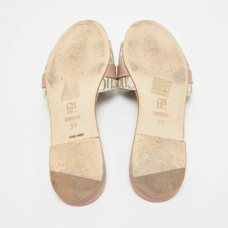 Pre Owned CH Carolina Herrera Tricolor Signature Canvas and Leather Lock Flat Slides Size 37