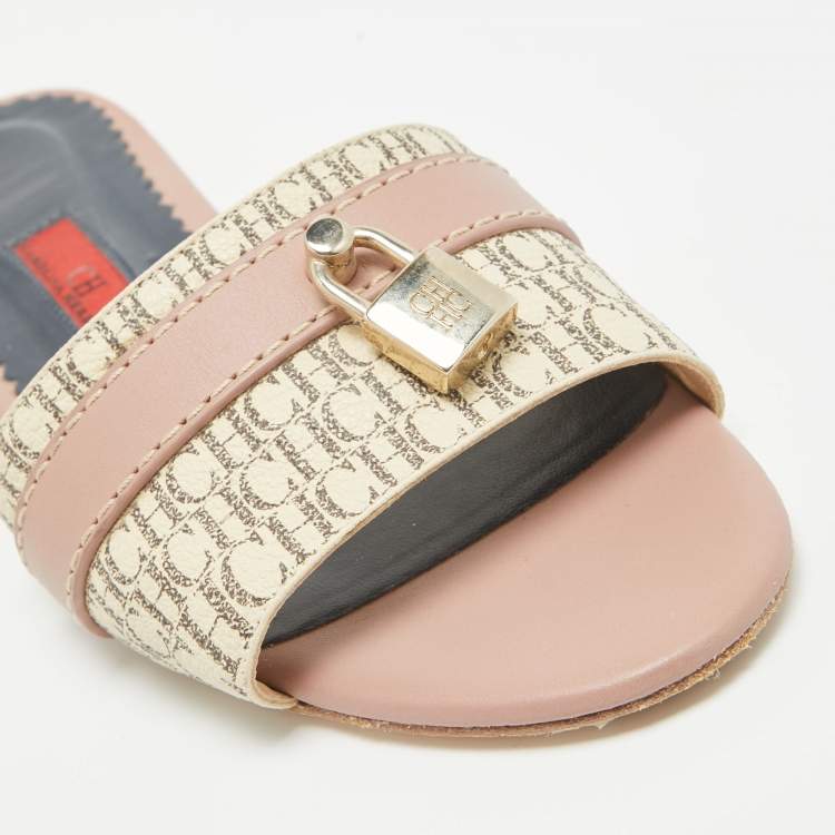 Pre Owned CH Carolina Herrera Tricolor Signature Canvas and Leather Lock Flat Slides Size 37