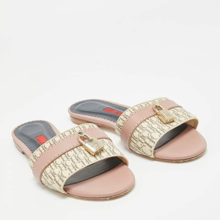 Pre Owned CH Carolina Herrera Tricolor Signature Canvas and Leather Lock Flat Slides Size 37