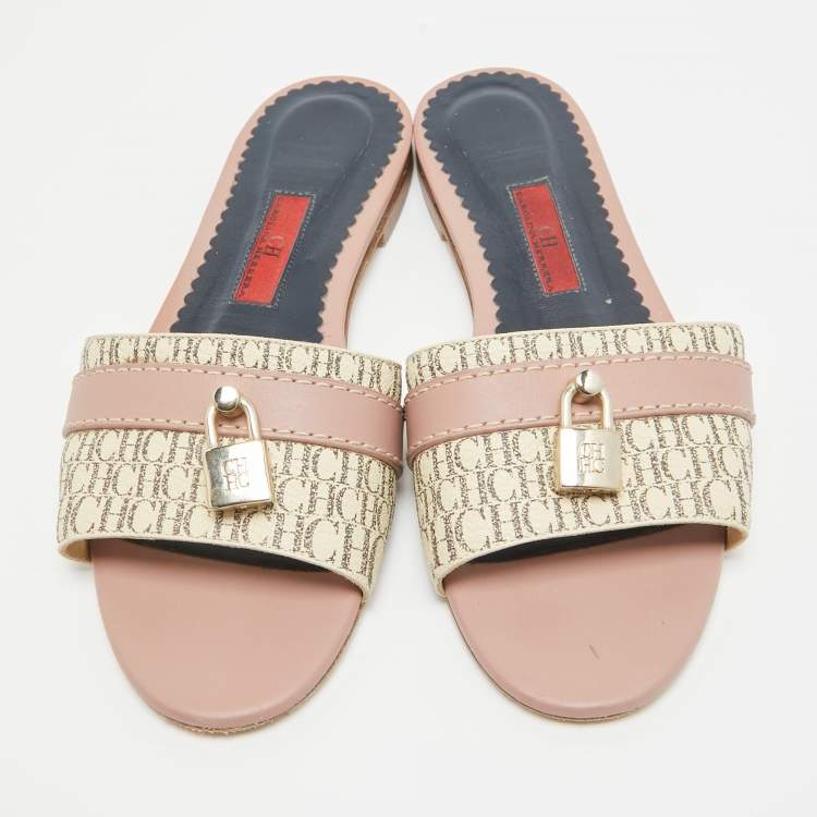 Pre Owned CH Carolina Herrera Tricolor Signature Canvas and Leather Lock Flat Slides Size 37