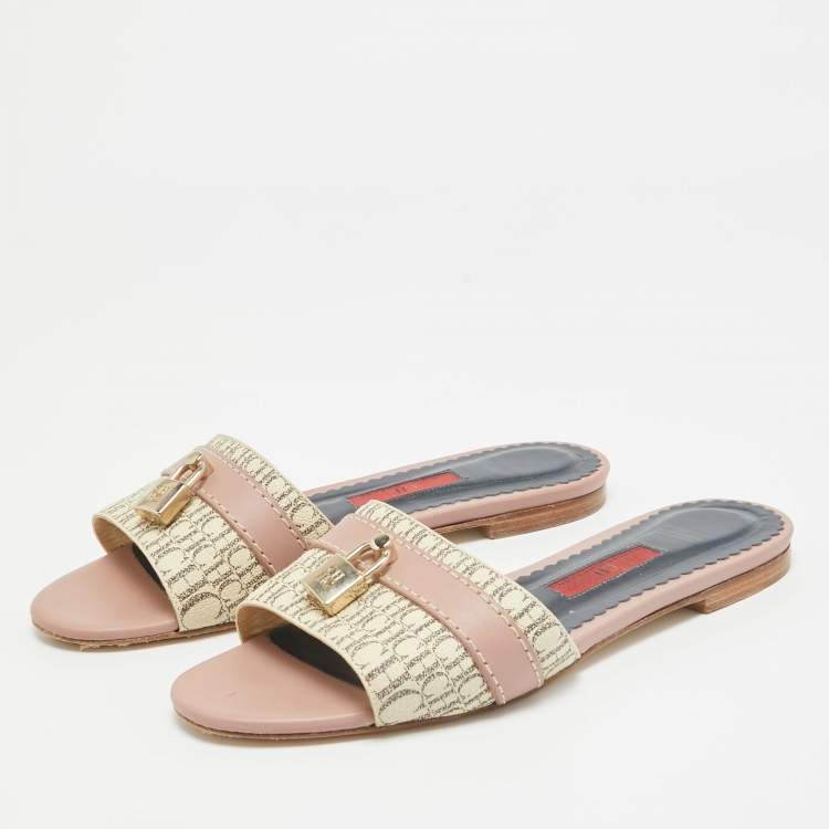Pre Owned CH Carolina Herrera Tricolor Signature Canvas and Leather Lock Flat Slides Size 37