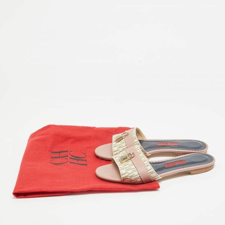 Pre Owned CH Carolina Herrera Tricolor Signature Canvas and Leather Lock Flat Slides Size 37