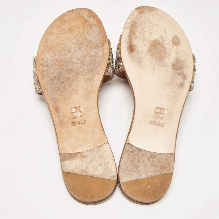 Pre Owned Carolina Herrera Beige/Red Fabric and Leather Bow Embellished Slide Flats Size 38