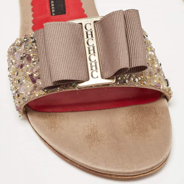 Pre Owned Carolina Herrera Beige/Red Fabric and Leather Bow Embellished Slide Flats Size 38