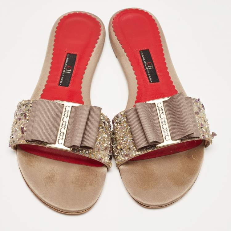 Pre Owned Carolina Herrera Beige/Red Fabric and Leather Bow Embellished Slide Flats Size 38