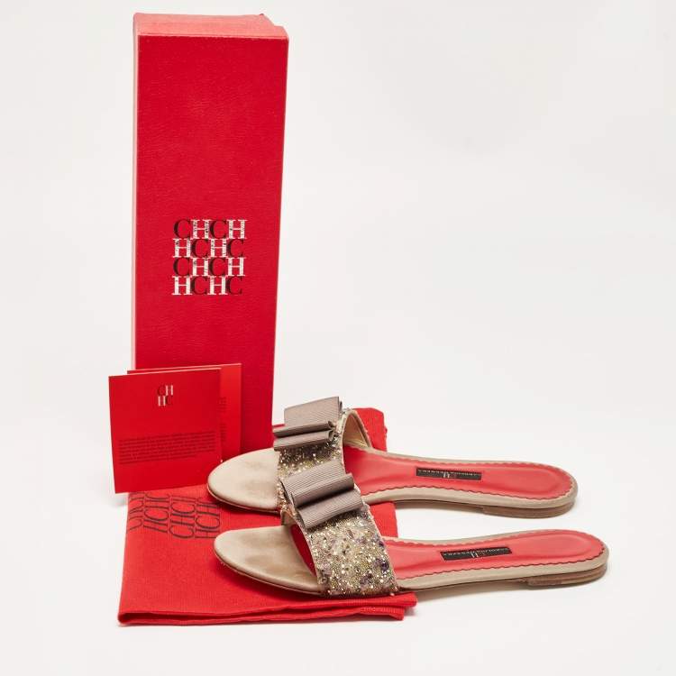 Pre Owned Carolina Herrera Beige/Red Fabric and Leather Bow Embellished Slide Flats Size 38