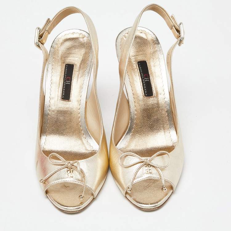 Pre Owned CH Carolina Herrera Gold Leather Ankle Strap Wedge Sandals Size 39