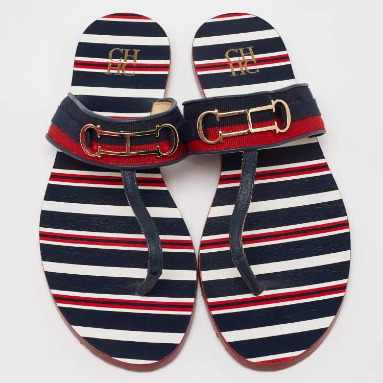 Pre Owned CH Carolina Herrera Multicolor Canvas and Leather Thong Flats Size 38