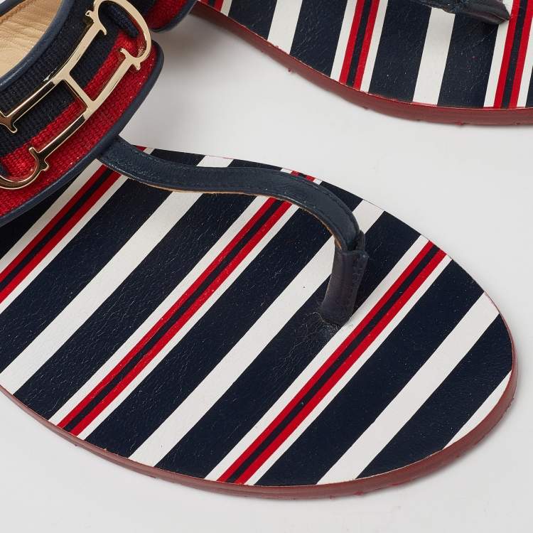 Pre Owned CH Carolina Herrera Multicolor Canvas and Leather Thong Flats Size 38