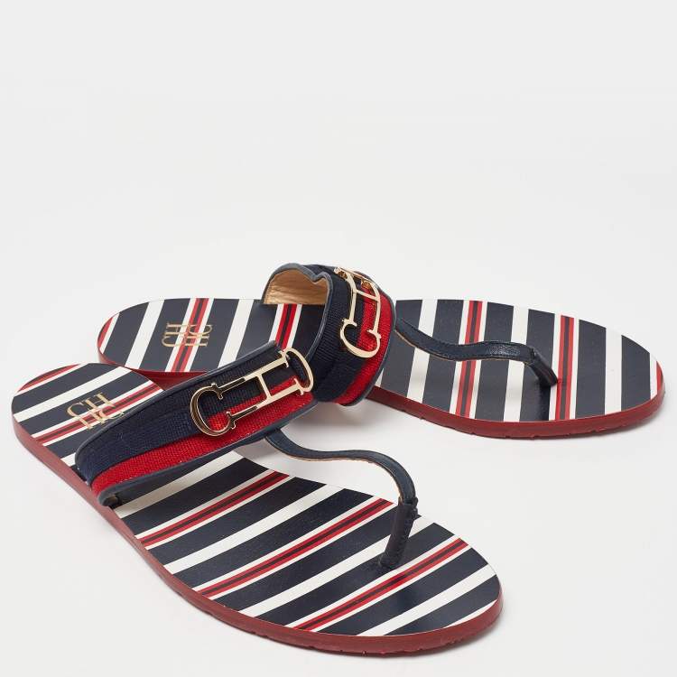 Pre Owned CH Carolina Herrera Multicolor Canvas and Leather Thong Flats Size 38