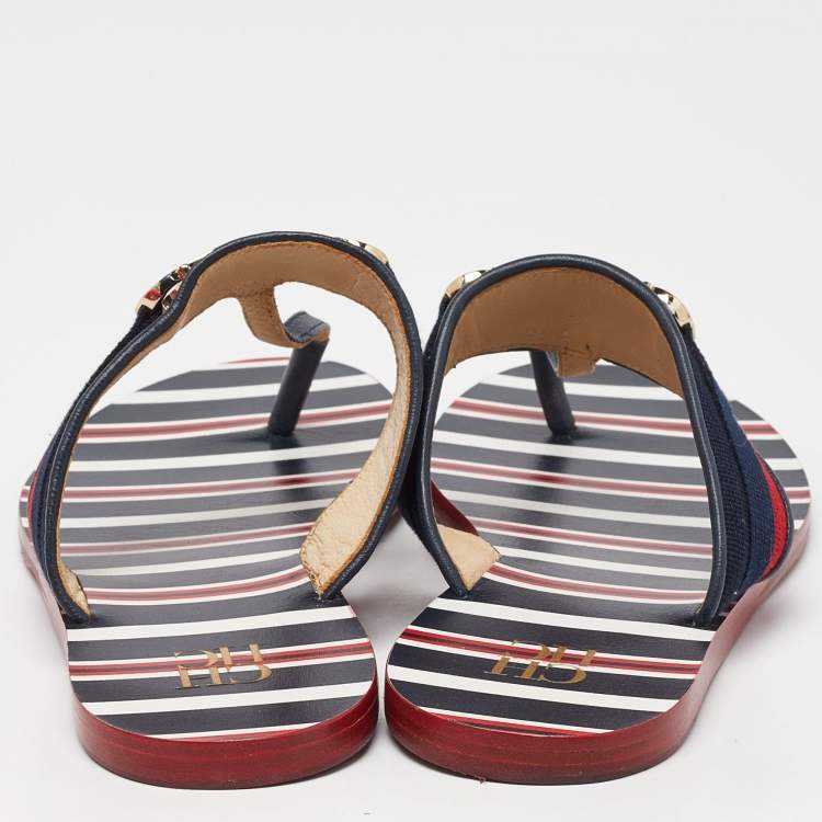 Pre Owned CH Carolina Herrera Multicolor Canvas and Leather Thong Flats Size 38