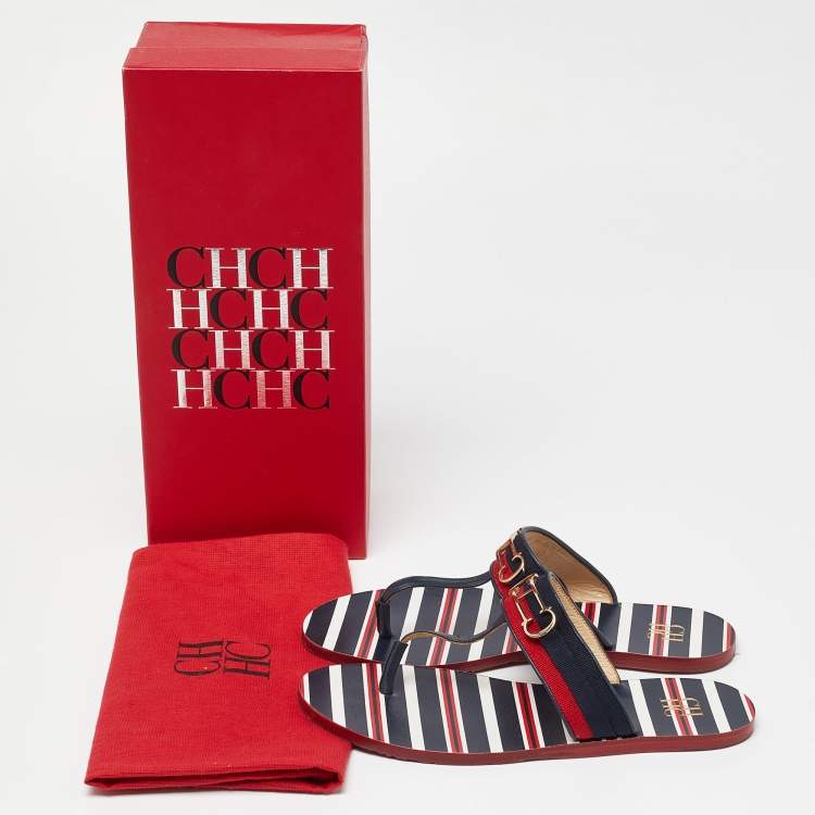 Pre Owned CH Carolina Herrera Multicolor Canvas and Leather Thong Flats Size 38