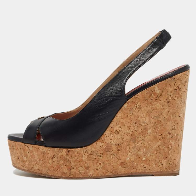 Pre Owned CH Carolina Herrera Navy Blue Leather Cork Wedge Slingback Platform Sandals Size 40