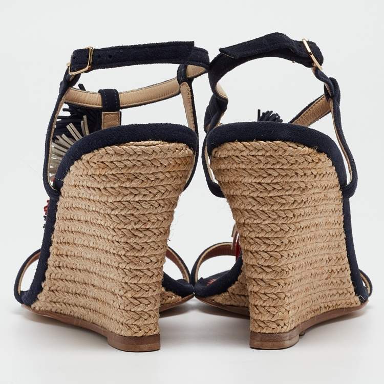 Pre Owned CH Carolina Herrera Navy Blue Suede Tassel Wedge Sandals Size 37