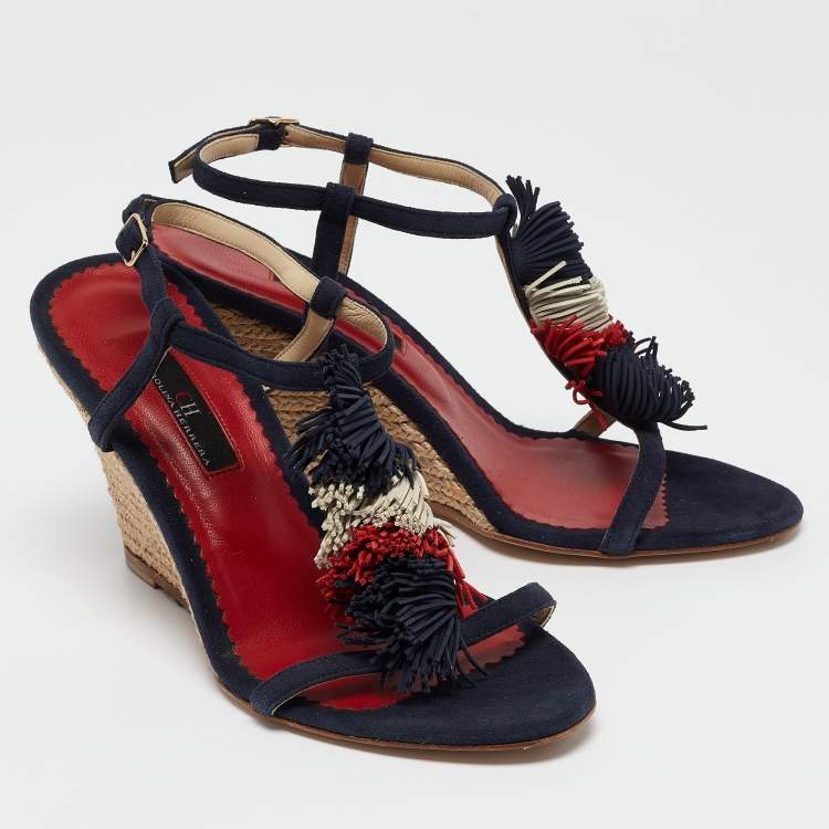 Pre Owned CH Carolina Herrera Navy Blue Suede Tassel Wedge Sandals Size 37