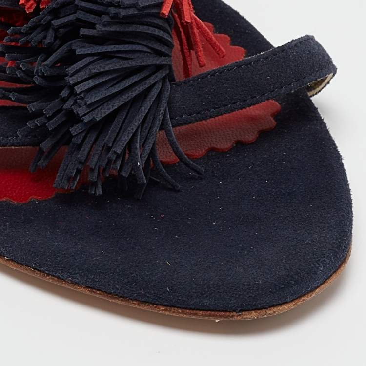 Pre Owned CH Carolina Herrera Navy Blue Suede Tassel Wedge Sandals Size 37