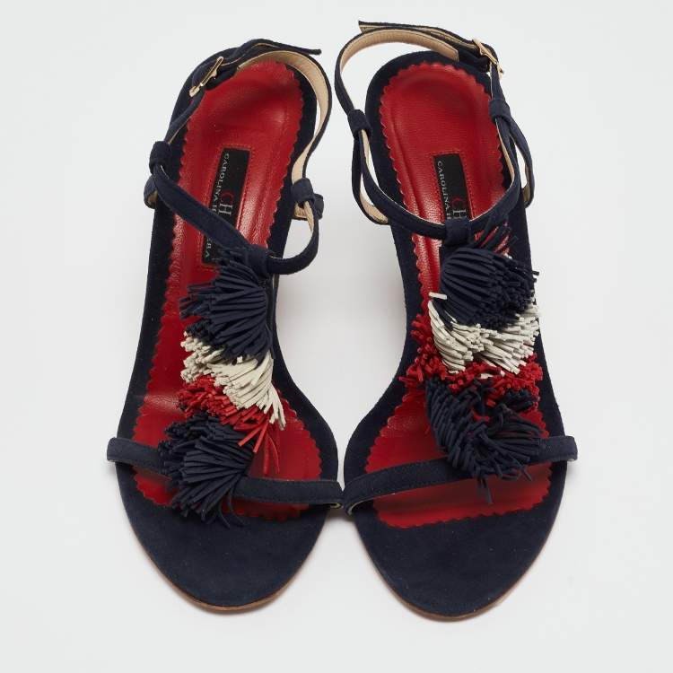 Pre Owned CH Carolina Herrera Navy Blue Suede Tassel Wedge Sandals Size 37