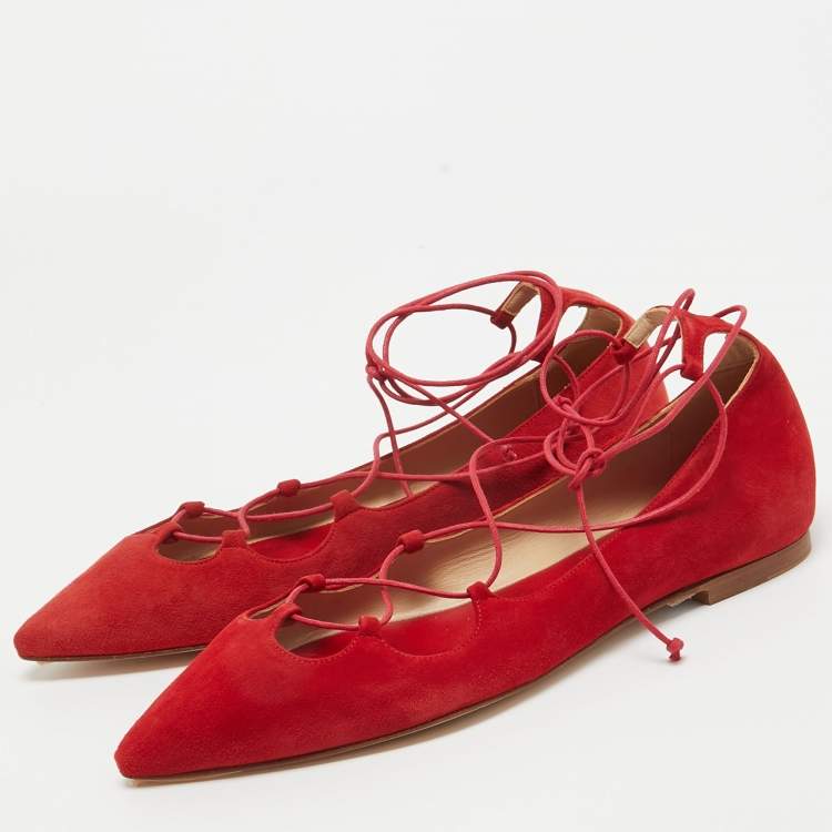 Pre Owned CH Carolina Herrera Red Suede Pointed Toe Tie Up Ballet Flats Size 37