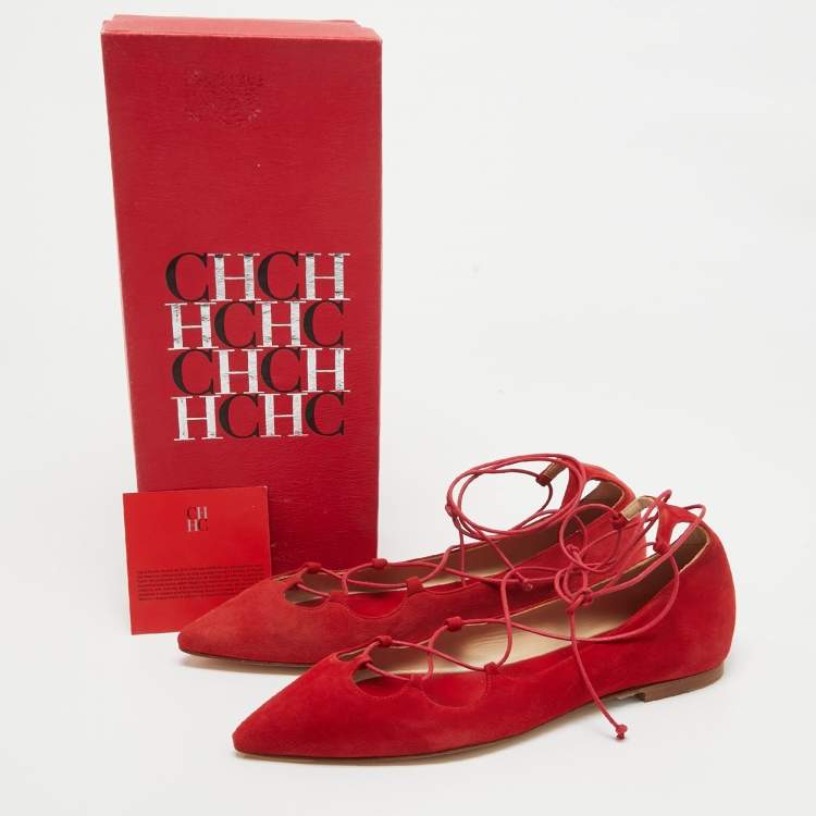 Pre Owned CH Carolina Herrera Red Suede Pointed Toe Tie Up Ballet Flats Size 37
