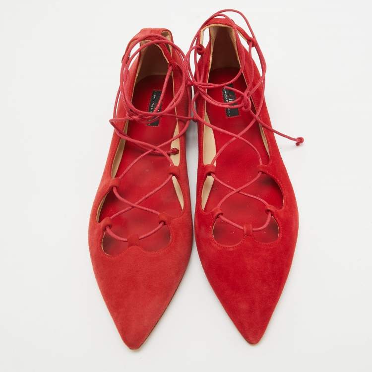 Pre Owned CH Carolina Herrera Red Suede Pointed Toe Tie Up Ballet Flats Size 37