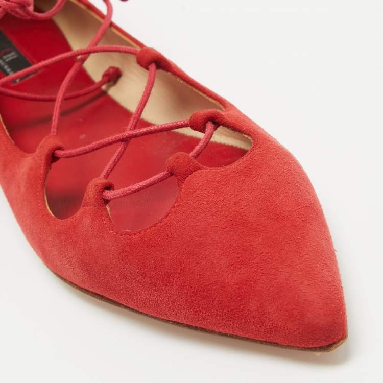 Pre Owned CH Carolina Herrera Red Suede Pointed Toe Tie Up Ballet Flats Size 37