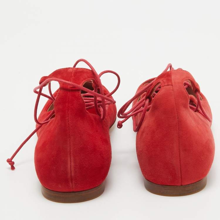 Pre Owned CH Carolina Herrera Red Suede Pointed Toe Tie Up Ballet Flats Size 37