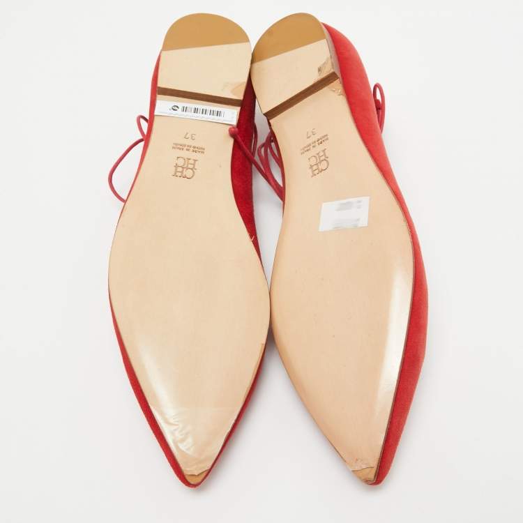 Pre Owned CH Carolina Herrera Red Suede Pointed Toe Tie Up Ballet Flats Size 37