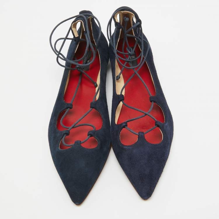 Pre Owned CH Carolina Herrera Blue Suede Pointed Toe Tie Up Ballet Flats Size 37