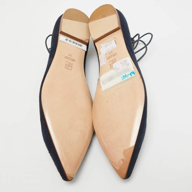 Pre Owned CH Carolina Herrera Blue Suede Pointed Toe Tie Up Ballet Flats Size 37