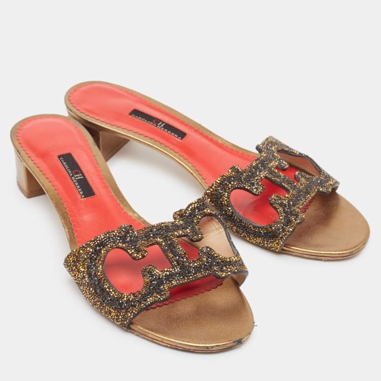 Pre Owned CH Carolina Herrera Metallic Crystal Embellished Leather Insignia Slide Sandals Size 40