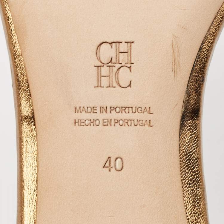 Pre Owned CH Carolina Herrera Metallic Crystal Embellished Leather Insignia Slide Sandals Size 40